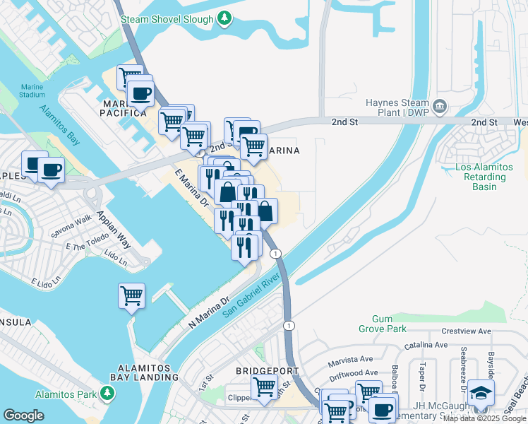 map of restaurants, bars, coffee shops, grocery stores, and more near in Long Beach