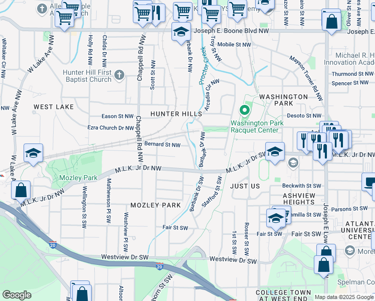 map of restaurants, bars, coffee shops, grocery stores, and more near 6 Rockmart Drive Southwest in Atlanta