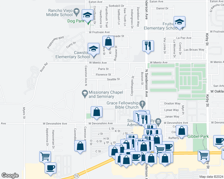 map of restaurants, bars, coffee shops, grocery stores, and more near 3730 Sydney Street in Hemet