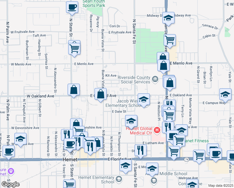 map of restaurants, bars, coffee shops, grocery stores, and more near 453 North Thompson Street in Hemet