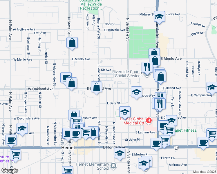 map of restaurants, bars, coffee shops, grocery stores, and more near 453 North Thompson Street in Hemet
