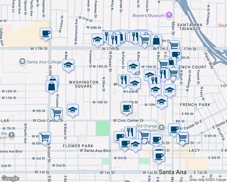 map of restaurants, bars, coffee shops, grocery stores, and more near 1021 North Flower Street in Santa Ana