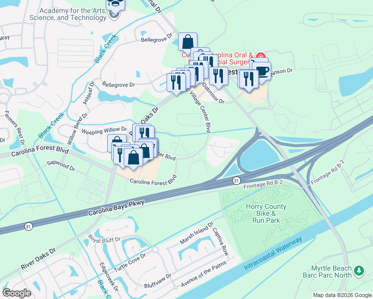 map of restaurants, bars, coffee shops, grocery stores, and more near 186 Village Center Boulevard in Myrtle Beach