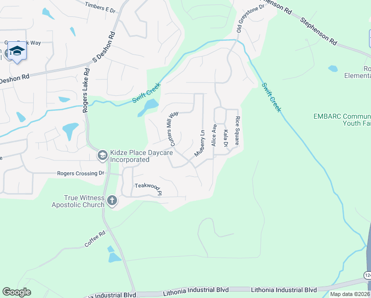 map of restaurants, bars, coffee shops, grocery stores, and more near 1365 Persimmon Court in Lithonia