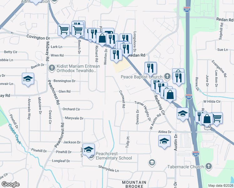 map of restaurants, bars, coffee shops, grocery stores, and more near 1343 Cornwall Road in Decatur