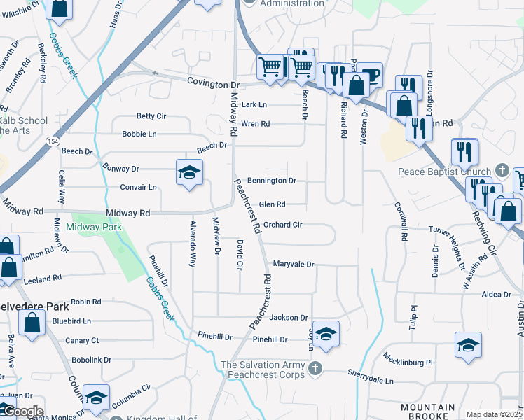 map of restaurants, bars, coffee shops, grocery stores, and more near 3417 Glen Road in Decatur