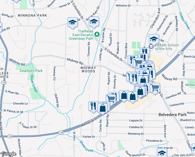 map of restaurants, bars, coffee shops, grocery stores, and more near 1335 Carter Road in Decatur