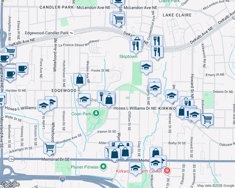map of restaurants, bars, coffee shops, grocery stores, and more near 54 Wyman Street Northeast in Atlanta
