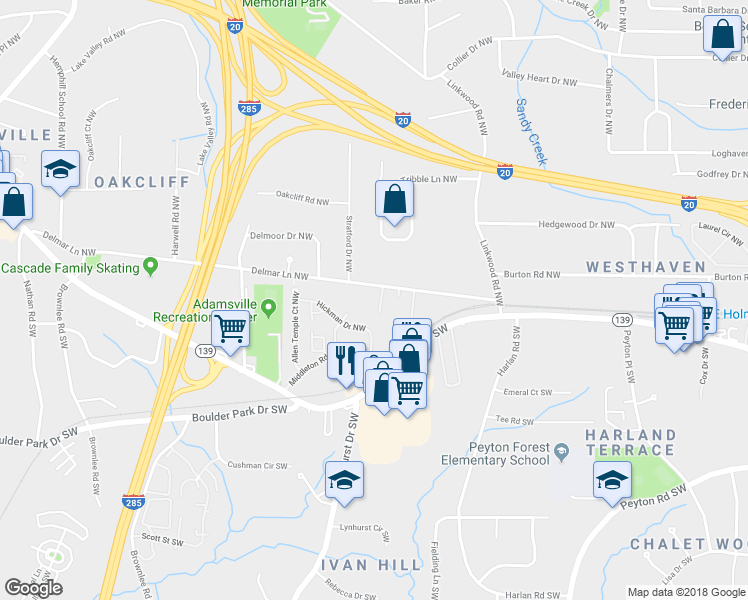 map of restaurants, bars, coffee shops, grocery stores, and more near 3133 Hickman Drive Northwest in Atlanta