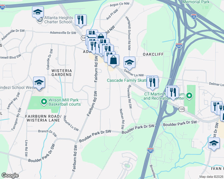 map of restaurants, bars, coffee shops, grocery stores, and more near 91 Nathan Road Southwest in Atlanta