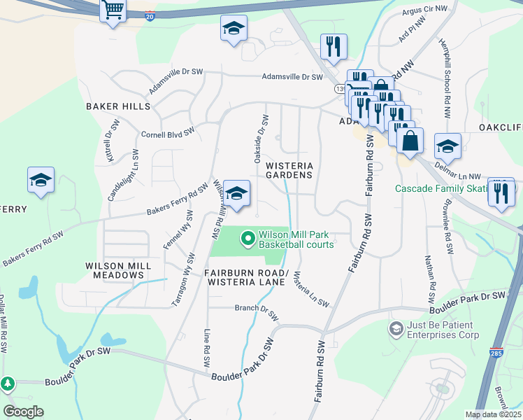 map of restaurants, bars, coffee shops, grocery stores, and more near 3764 Leesburg Court Southwest in Atlanta