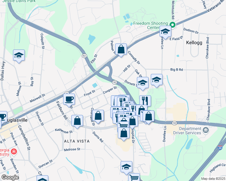 map of restaurants, bars, coffee shops, grocery stores, and more near 6158 Cooper Street in Douglasville