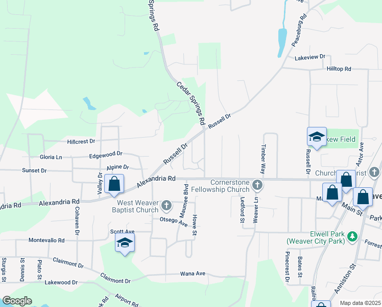 map of restaurants, bars, coffee shops, grocery stores, and more near 1306 Russell Drive in Weaver