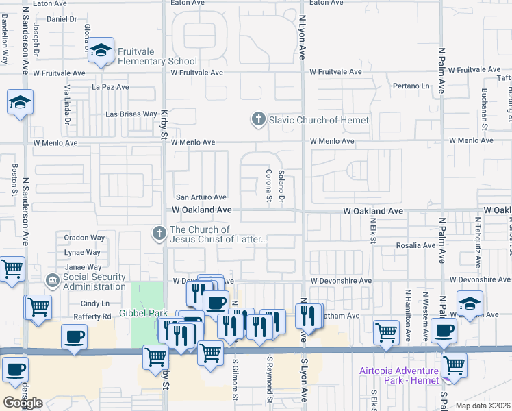 map of restaurants, bars, coffee shops, grocery stores, and more near 2023 West Oakland Avenue in Hemet