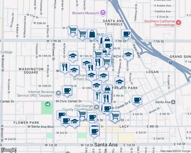 map of restaurants, bars, coffee shops, grocery stores, and more near 1141 North Broadway in Santa Ana