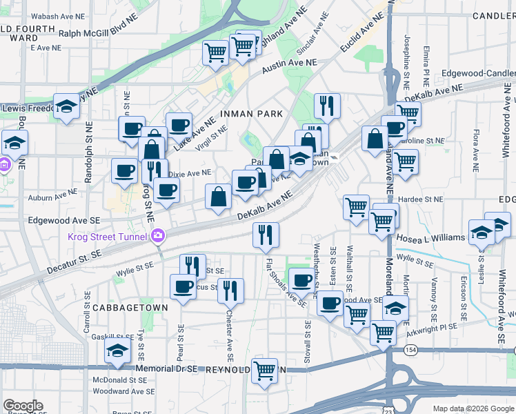 map of restaurants, bars, coffee shops, grocery stores, and more near 916 DeKalb Avenue Northeast in Atlanta