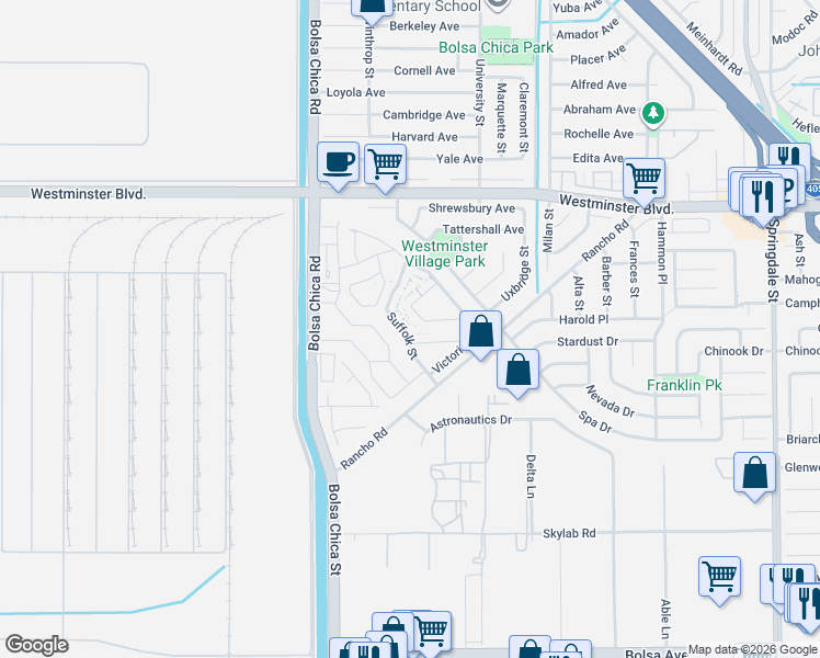 map of restaurants, bars, coffee shops, grocery stores, and more near 14342 Suffolk Street in Westminster