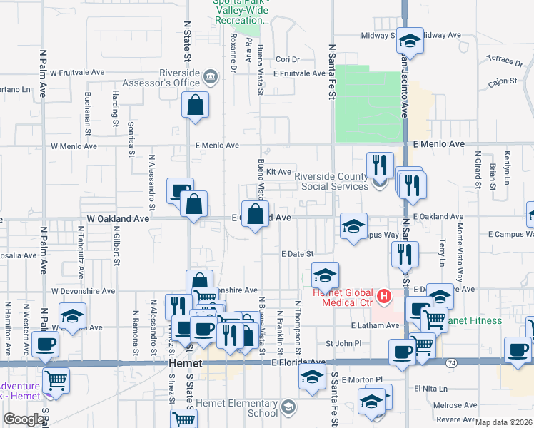 map of restaurants, bars, coffee shops, grocery stores, and more near North Buena Vista Street in Hemet