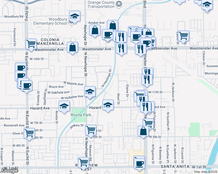 map of restaurants, bars, coffee shops, grocery stores, and more near 1114 North Gates Street in Santa Ana