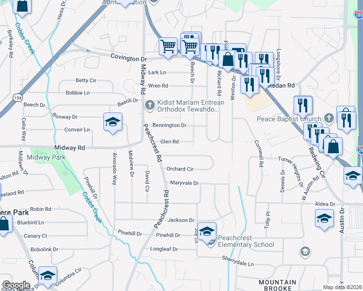 map of restaurants, bars, coffee shops, grocery stores, and more near 3474 Orchard Circle in Decatur