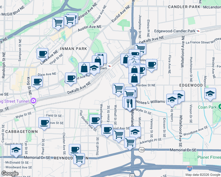 map of restaurants, bars, coffee shops, grocery stores, and more near 42 Walthall Street Northeast in Atlanta