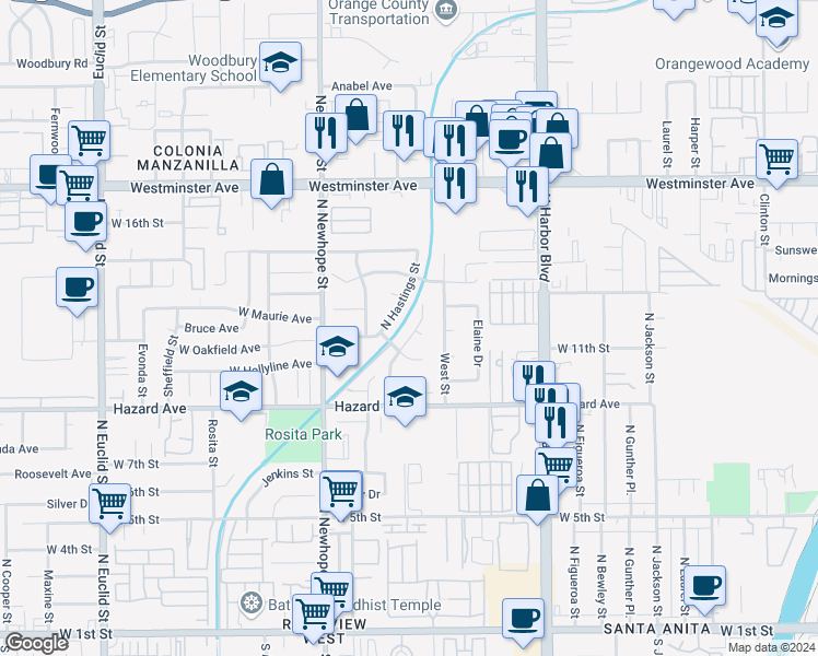map of restaurants, bars, coffee shops, grocery stores, and more near 1114 North Gates Street in Santa Ana