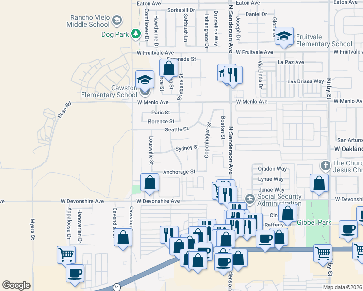 map of restaurants, bars, coffee shops, grocery stores, and more near 3688 Sydney Street in Hemet