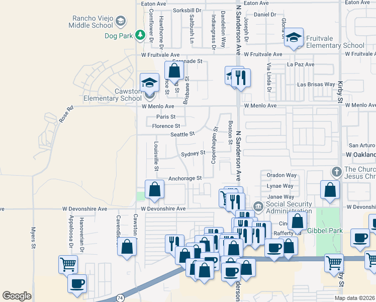 map of restaurants, bars, coffee shops, grocery stores, and more near 3688 Sydney Street in Hemet