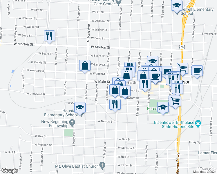 map of restaurants, bars, coffee shops, grocery stores, and more near 831 West Chestnut Street in Denison