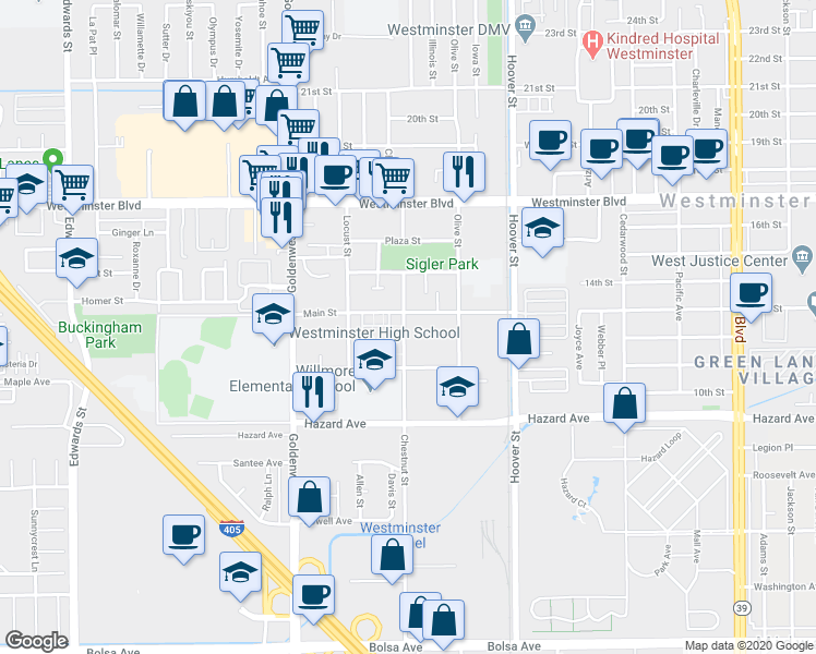 map of restaurants, bars, coffee shops, grocery stores, and more near 14300 Chestnut Street in Westminster