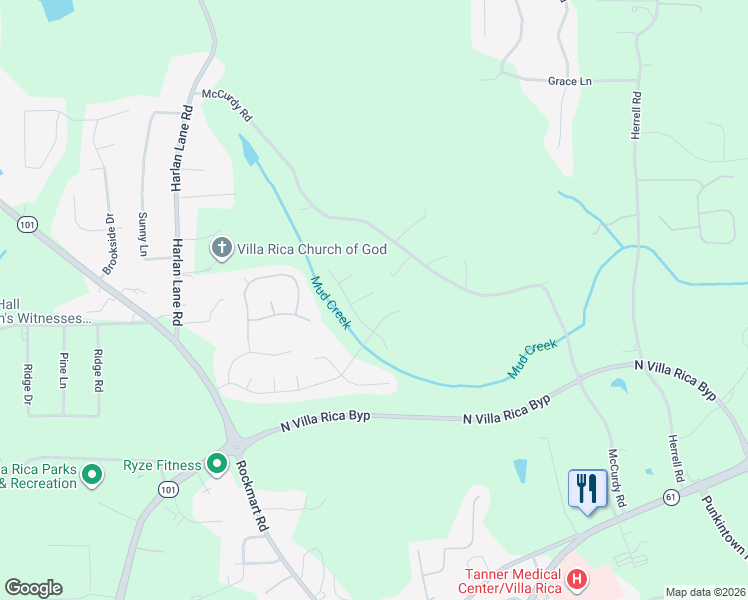 map of restaurants, bars, coffee shops, grocery stores, and more near 907 Elderberry Lane in Villa Rica