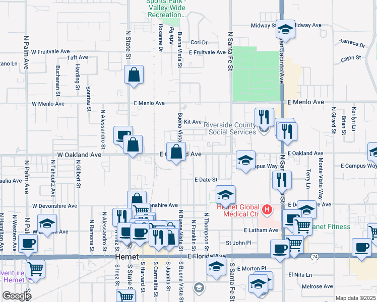 map of restaurants, bars, coffee shops, grocery stores, and more near 560 East Oakland Avenue in Hemet