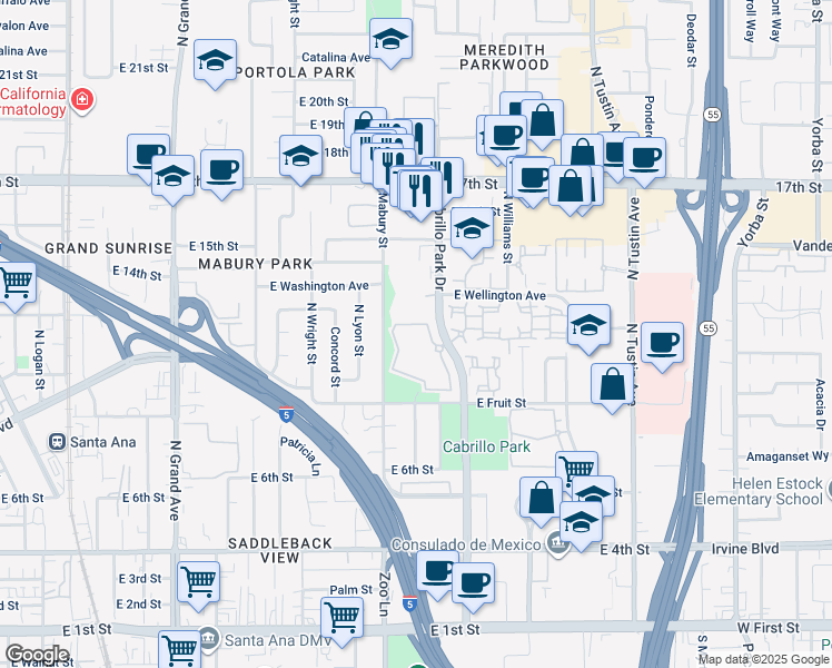 map of restaurants, bars, coffee shops, grocery stores, and more near 1084 Cabrillo Park Drive in Santa Ana