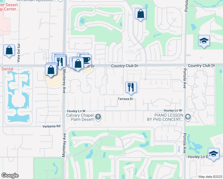 map of restaurants, bars, coffee shops, grocery stores, and more near 73373 Country Club Drive in Palm Desert