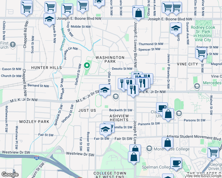 map of restaurants, bars, coffee shops, grocery stores, and more near 1017 Martin Luther King Junior Drive Northwest in Atlanta