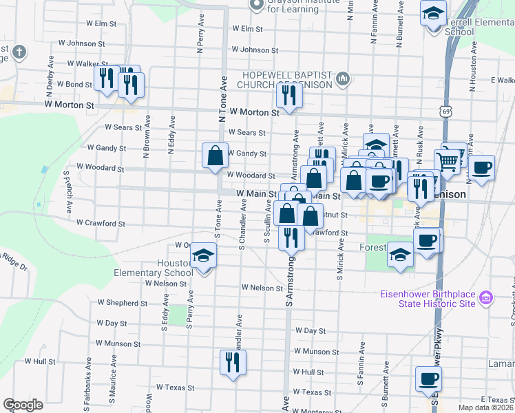 map of restaurants, bars, coffee shops, grocery stores, and more near 928 West Chestnut Street in Denison