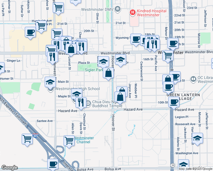 map of restaurants, bars, coffee shops, grocery stores, and more near 7432 Main Street in Westminster