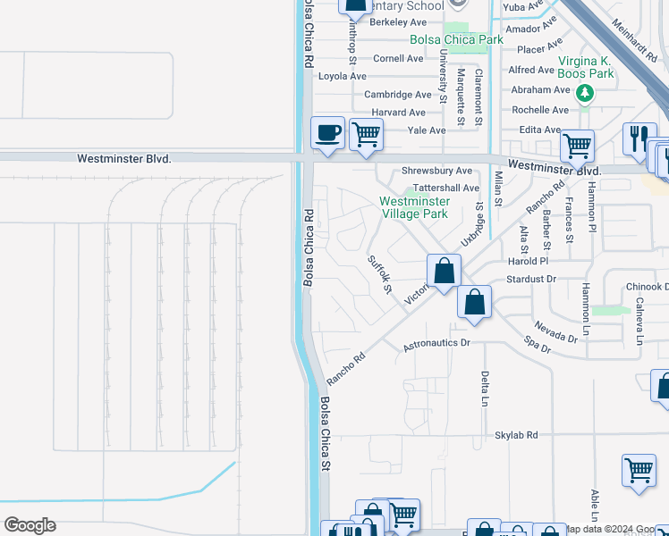 map of restaurants, bars, coffee shops, grocery stores, and more near 14279 Baker Street in Westminster