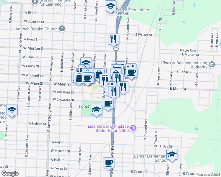 map of restaurants, bars, coffee shops, grocery stores, and more near 121 South Austin Avenue in Denison
