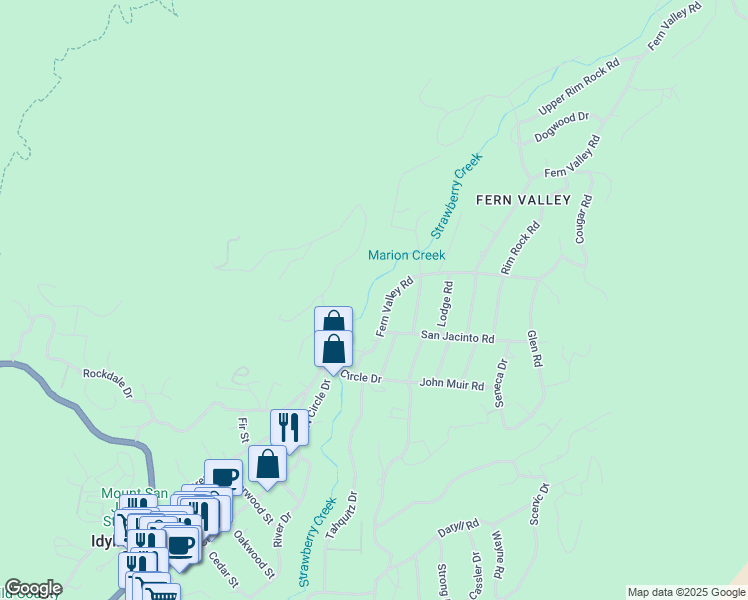 map of restaurants, bars, coffee shops, grocery stores, and more near 25395 Fern Valley Road in Idyllwild-Pine Cove