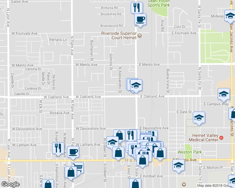 map of restaurants, bars, coffee shops, grocery stores, and more near 323 Long Street in Hemet