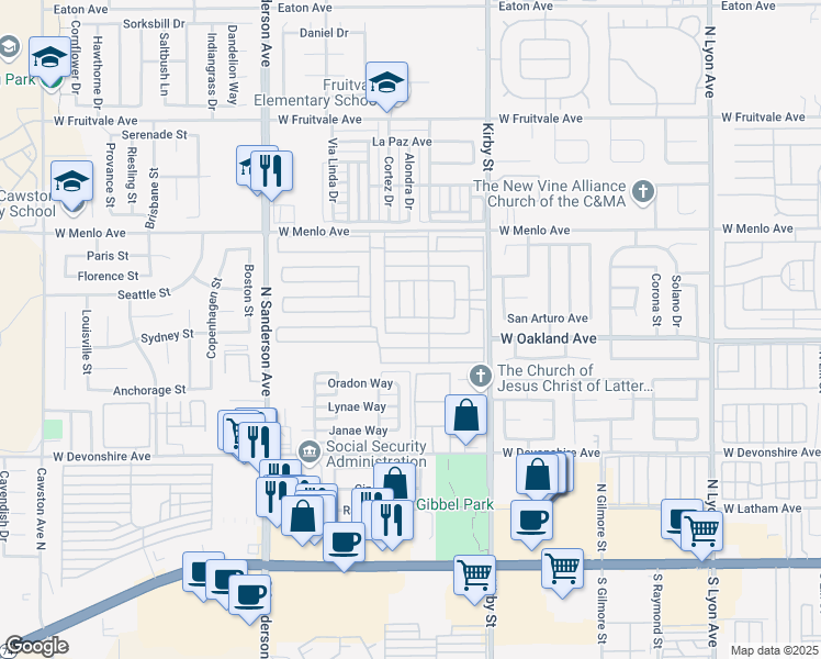 map of restaurants, bars, coffee shops, grocery stores, and more near 601 North Kirby Street in Hemet