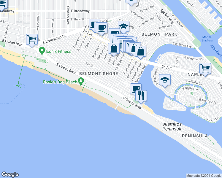 map of restaurants, bars, coffee shops, grocery stores, and more near 1 Glendora Avenue in Long Beach
