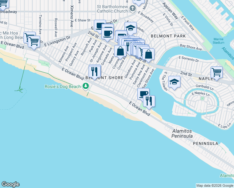 map of restaurants, bars, coffee shops, grocery stores, and more near 2 Glendora Avenue in Long Beach