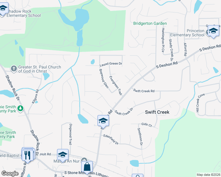 map of restaurants, bars, coffee shops, grocery stores, and more near 1304 Baywood Glen in Lithonia
