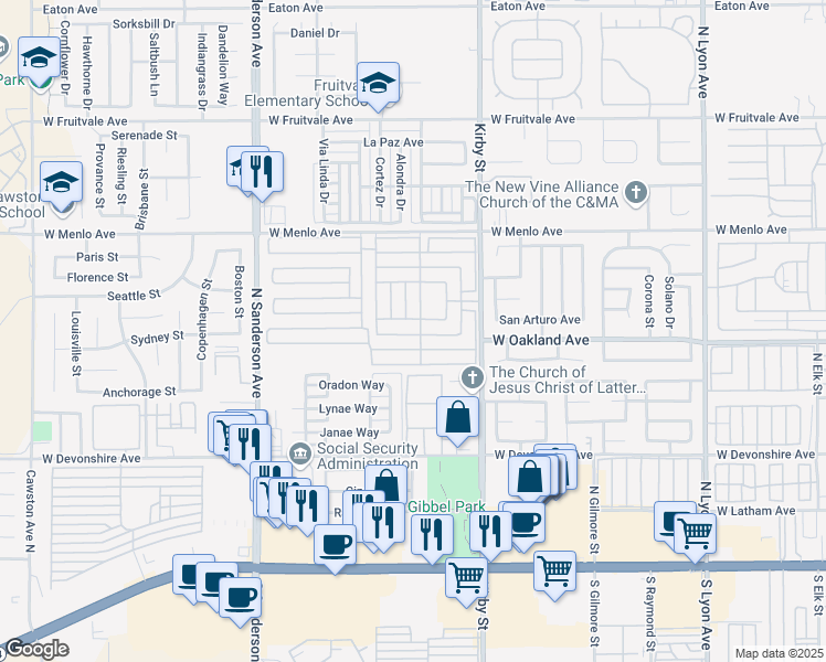 map of restaurants, bars, coffee shops, grocery stores, and more near 601 North Kirby Street in Hemet