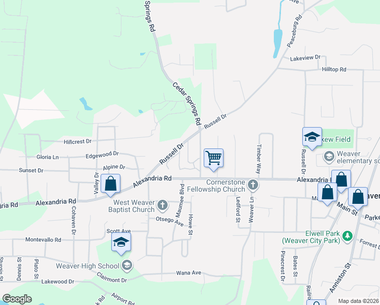 map of restaurants, bars, coffee shops, grocery stores, and more near 1306 Russell Drive in Weaver
