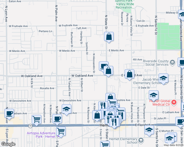 map of restaurants, bars, coffee shops, grocery stores, and more near 323 Long Street in Hemet