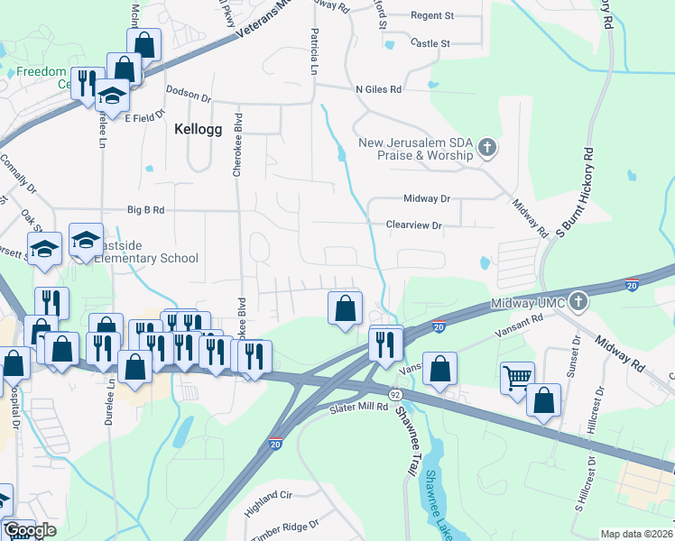 map of restaurants, bars, coffee shops, grocery stores, and more near 5451 Somer Mill Road in Douglasville