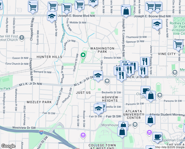 map of restaurants, bars, coffee shops, grocery stores, and more near 1069 Martin Luther King Junior Drive Northwest in Atlanta